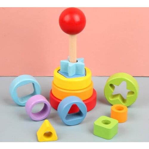 Montessori Early Education Colorful Rainbow Rainbow Ferrule Stack Tower And Column Childrens Wooden Toys Trumpet Rainbow Tower