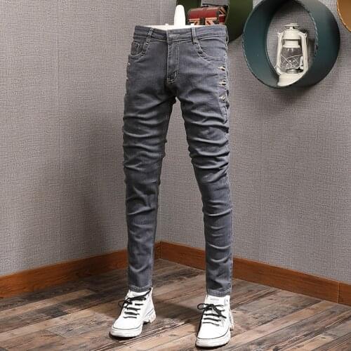 Mens Black Gray Jeans Men Fashion Button Decoration Straight Slim Fit Pants Casual Denim Trousers