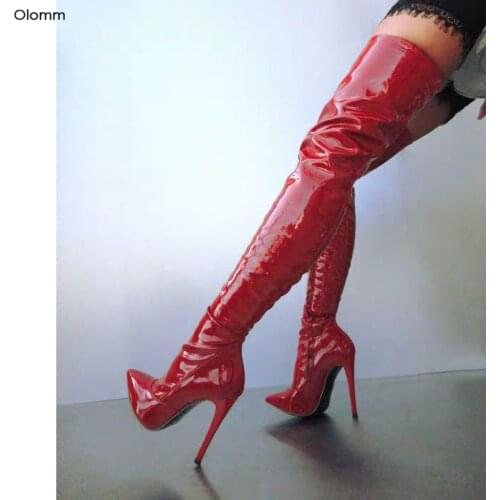 Olomm New Women Shiny Thigh High Boots Stiletto High Heels Boots Pointed Toe Gorgeous Red Club Shoes Women Plus US Size 5-15