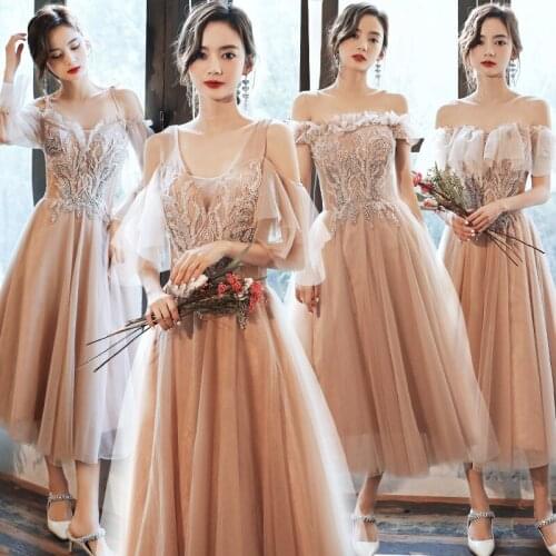 Bridesmaid Dresses Burgundy A-Line Ankle Length Sequined Crystal Embroidery V-neck Lace Tulle Women Wedding Party Dresses E031