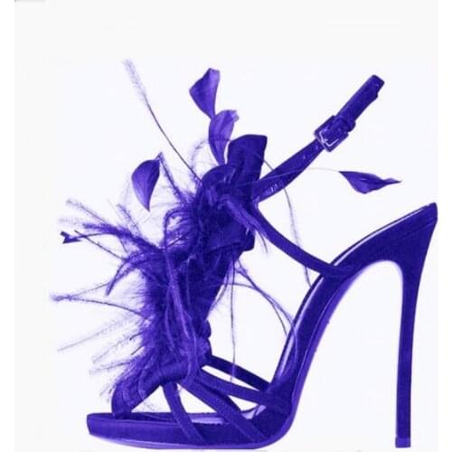 Luxury Shoes Women Designers Feather Decor Catwalk Heels Female Sandals Sexy Strappie Blue Purple Black 11 CM Heels Woman Shoes