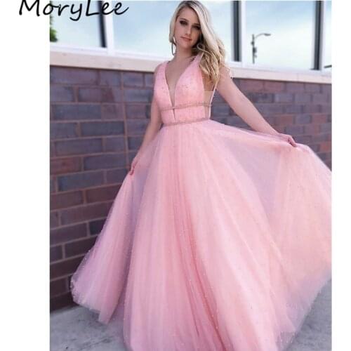Pink Evening Dresses V-Neck Sleeveless Floor Length Tulle Shining Crystal Beaded Evening Dresses vestidos de fiesta de noche