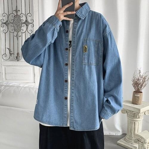 Longsleeve Shirt for Men Denim Shirt Mens Loose Tooling Jacket Autumn and Winter Korean Trend Ins Casual Jacket Button Shirt
