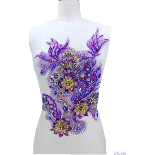 Handmade colour Hot drilling Rhinestone pearl lace embroidery patch applique wedding dress bordados DIY Performance clothing