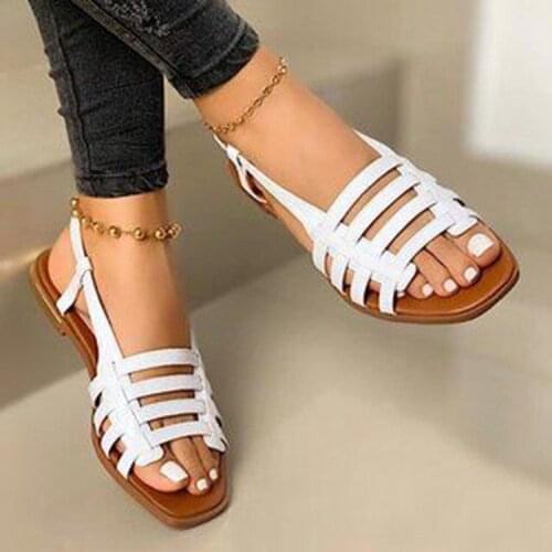 Women Summer Outdoor Fashion Leather Flat Shoes Round Toe Elegent Slipper Adjustable Buckle Strap Sandals