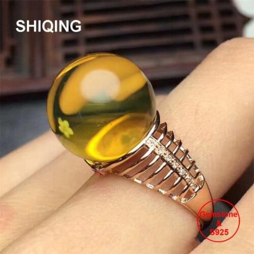 SHIQING Real nature blue amber fishbone fashion trendy 9mm blue colorful gemstone silver ring for her
