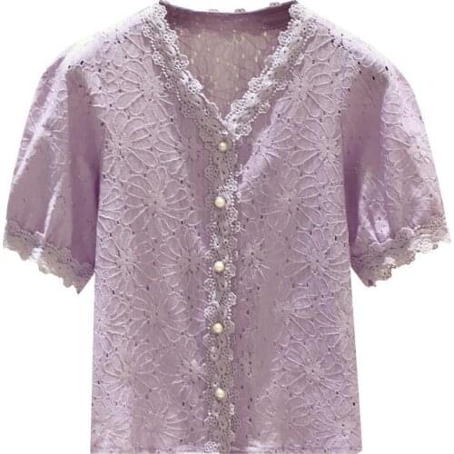 Womens Spring Summer Style Lace Blouses Shirt Womens Rivet Bead Hollow Out V-neck Solid Color Korean Elegant Lace Tops DD8618