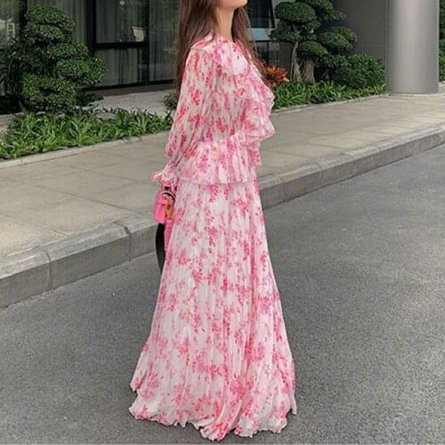Women Floral Pink Midi Dress Flowers printed V-neck Lantern Sleeves Ruffles Pleated long Dresses