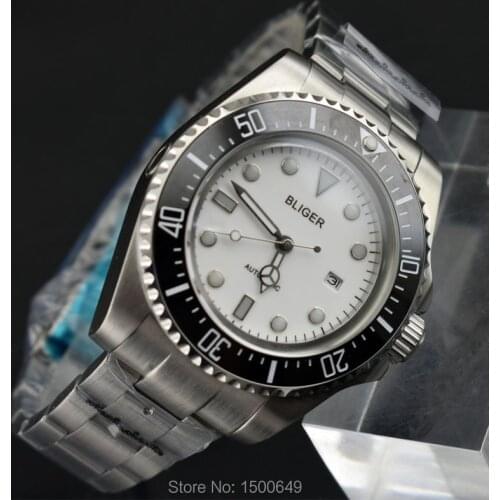 2017 fashion 44mm Big size BLIGER BLACK Ceramic Bezel Luminous white dial automatic Date Day men watch Men watch