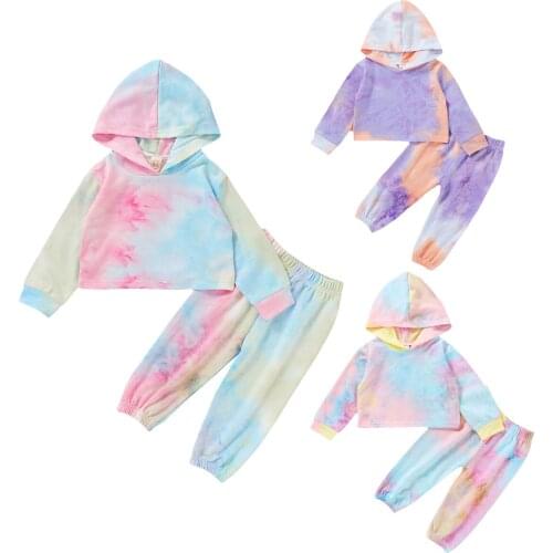 2020 1-6Y Toddler Girls Autumn Tracksuit 2pcs Fall New Baby Girl Tie Dye Print Long Sleeve Hooded Crop Top+Long Pants Outfit Set