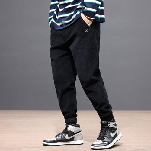 2021 Fashion Streetwear Men Jeans Loose Fit Black Gray Red Casual Corduroy Cargo Pants Harem Trousers Japanese Hip Hop Pants Men