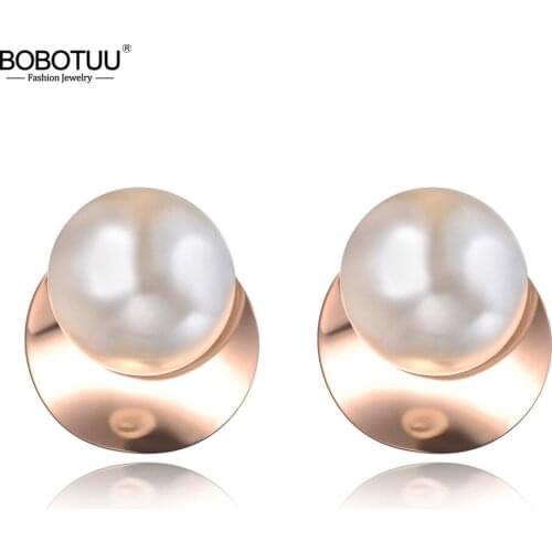 BOBOTUU Bohemia Stainless Steel Vintage Women Earrings Jewelry Hyperbole Rose Gold White Pearl Anniversary Earrings BE19109