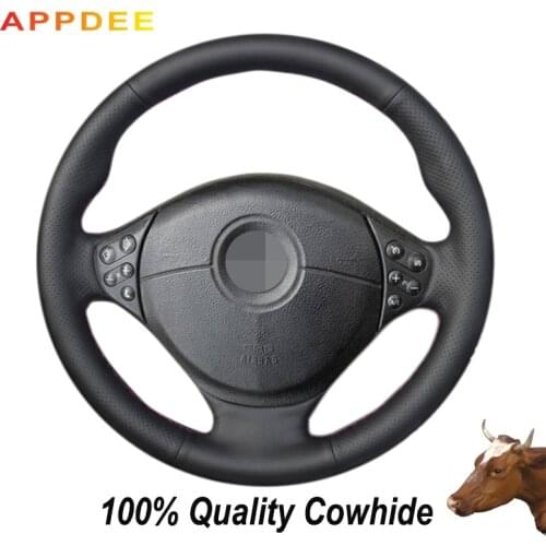 AppDee Black Genuine Leather Car Steering Wheel Cover for BMW E39 5 Series 1999-2003 E46 3 Series 1999-2005 E53 X5 E36 Z3