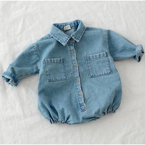 Baby Toddler Clothes Long Sleeve Lapel Collar Denim Jeans Rompers Kids Infant Jumpsuits Baby Boys Girls Clothes Denim Rompers