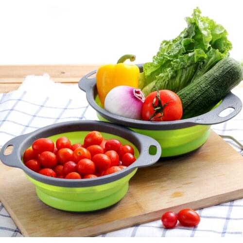 2pcs/set Foldable Silicone Colander Fruit Vegetable Washing Basket Strainer Collapsible Drainer With Handle Kitchen Tool