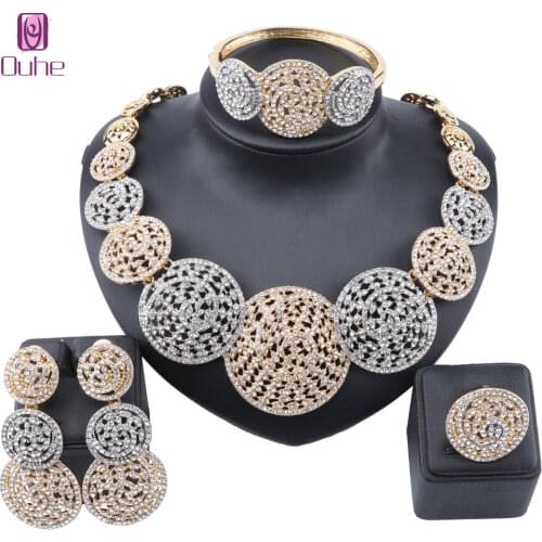 Exquisite Dubai Gold Wedding Bridesmaid Full Rhinestone Round Necklace Earrings Bangle Ring Party Costume Jewelry Set