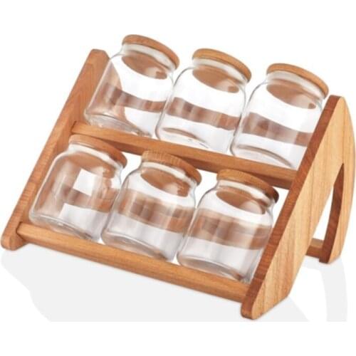 Spice Jars Storage Container Set of 7 Glass Wooden Lid Jar Storage Box With Wooden Stand For Gift Decorative Creative Dispensers