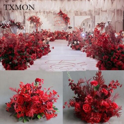 Red Wine Road Lead Flower Ball Rose Hydrangea Artificial Flower Romantic Wedding Decor Stage Background Hotel Decor Fake Floral