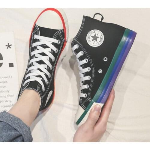 Korean Style Rainbow Casual Shoes For Men 2021 New Spring Autumn High Top Sneakers 1970s Skateboard Shoes Mens Lace Up PW068