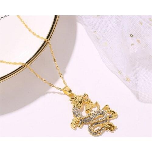 Fashion Dragon Pendant Necklaces for Women Men Gold Color Jewellery Cubic Zirconia Mascot Ornaments Lucky Symbol Gifts