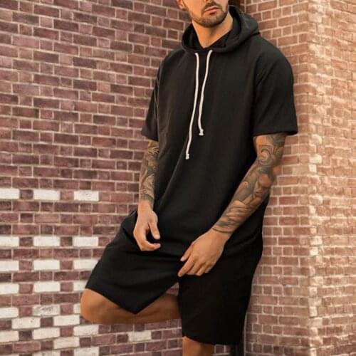 2021 Men Outfit Hooded Breathable Black Short Sleeve Loose T-shirt Shorts Set Men Running Tracksuit 2 Pieces Sets Male Clothing