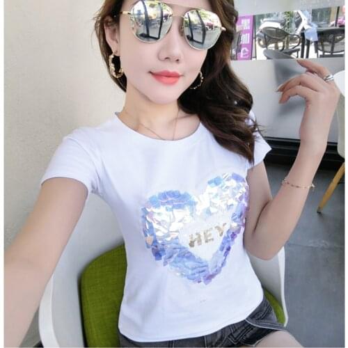 GGRIGHT New 2021 Summer Cotton Tops Woman T-shirt Love Sequined White Tee Shirt Kawaii Short Sleeve Tshirt Women Clothes