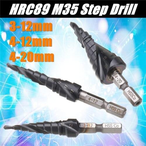 New HRC89 M35 Cobalt Step Drill Bit 3-12/4-12/4-20mm TiAlN Coated Step Drill 1/4 Inch Hex Shank Fit For High Speed Drilling