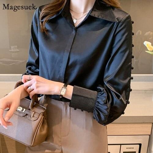 New Office Lady Solid Blouse Shirts Satin Silk Long Sleeve Blouses Women Casual Plus Size Loose Female Shirt Tops Blusas 13093