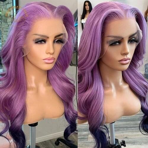 Lace Frontal Wigs Ombre Purple Dark Wavy 13X4 Lace Front Wig 180% Density 2 Tones Colored Human Hair Wigs Body Wave Closure Wigs