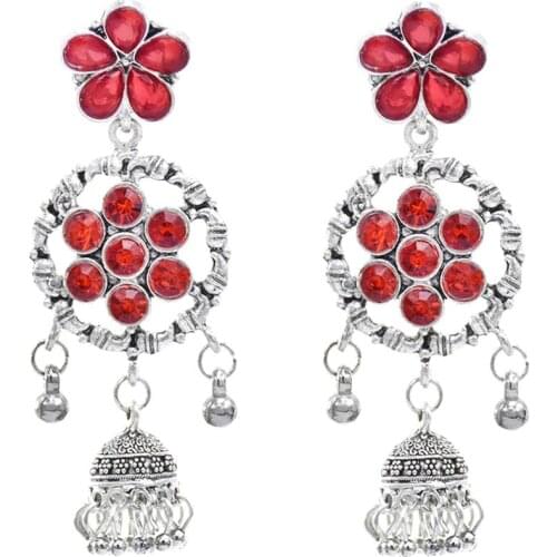 Bollywood Oxidized Silver Color Bells Tassel Indian Jhumka Earrings for Women Boho Ethnic Jewelry Crystal Flower Drop Earrings