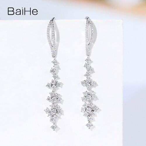 BAIHE Solid 14K White Gold 0.90ct H/SI Natural Diamond Earring Wedding Trendy Fine Jewelry Making Earrings Women Ear Hook Cерьги