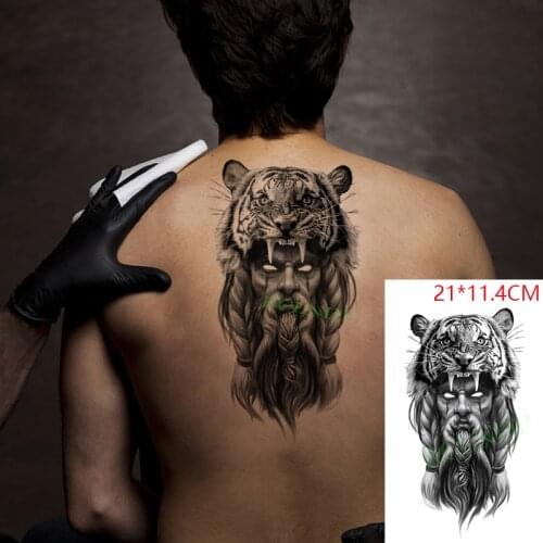 Waterproof Temporary Tattoo Stickers Roaring Tiger Hat No Eye Long Beard Cool Man Fake Tatto Flash Tatoo Body Art for Women Men