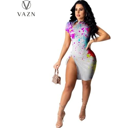 VAZN Top Quality Tie Dye Print Sexy Club Birthday 2021 Sexy O-neck Party Cocktail Short Dress Women Elegant Fashion Slim Dress