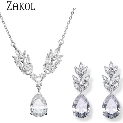 ZAKOL Brand Temperament Wedding Jewerly Sets for Women AAA CZ Cubic Zirconia Water Drop Dangle Earrings Necklace SP3192