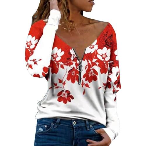 Women Zipper Long Sleeve Blouse Casual Floral Printed Shirt Top Sexy V-neck Loose Blouse Shirt Рубашка Женская #G2