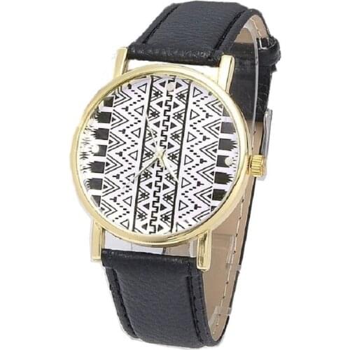 Gnova Platinum Minimalist Women Watch PU Leather wristwatch Vintage Fashion clock Ethnic Aztec White Black Geneva style femme