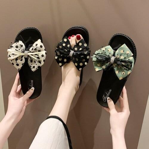 New style slippers women summer wear thick high-heeled small pure flower bow knot Korean style fashion flat shoes