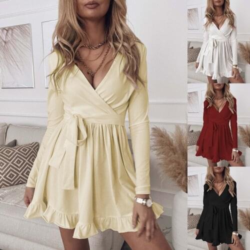 Women Spring Autumn Solid Color A-Line Dresses Robe Femme Bandage Ruffles V-Neck Long Sleeve Dress For Woman Clothing Vestidos