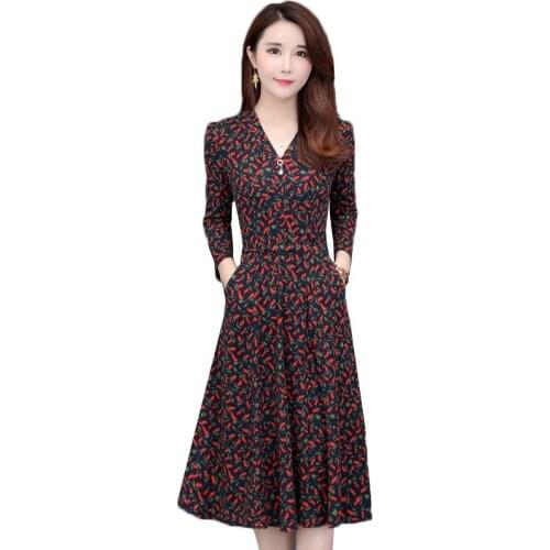 New Spring Autumn Vintage Floral Long Sleeve V-neck Plus size Office MiDi Dress 2019 Bohemian Casual Female Party Dress Vestidos