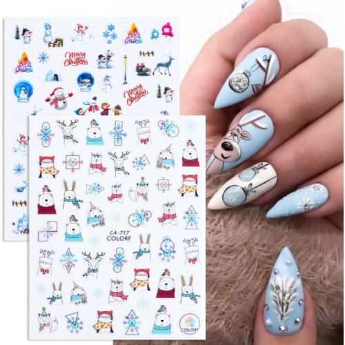 Winter Xmas Nail Sticker 3D Christmas Elk Santa Snowflake Rabbit Cartoon Slider Design Polish Deco Nail Accessories NLCA717-724