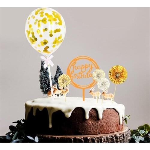 10set/lot Happy Birthday Cake Toppers Paper Fans Acrylic Cupcake Topper Confetti Balloon Birthday Cake Set
