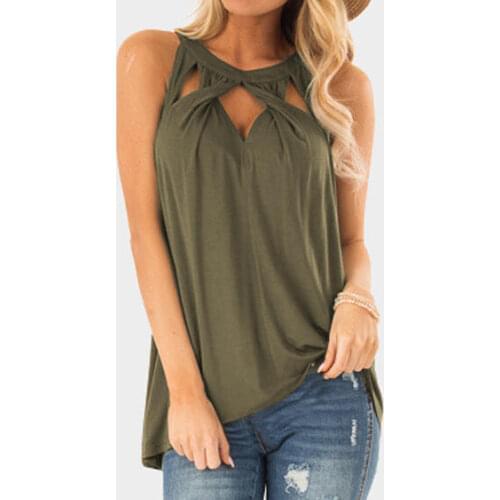 Women Solid Halter Cross Twist Hollow Out Tank Female Army Green Sleeveless Vest Top Summer Ladies Sexy Loose Modern Tops Shirt