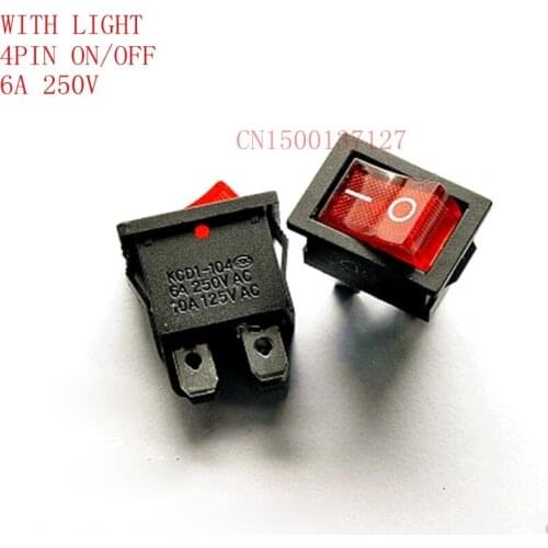 5pcs 4PIN ON/OFF 6A 250V Large ship switch with light red light KCD1-104 Rocker switch