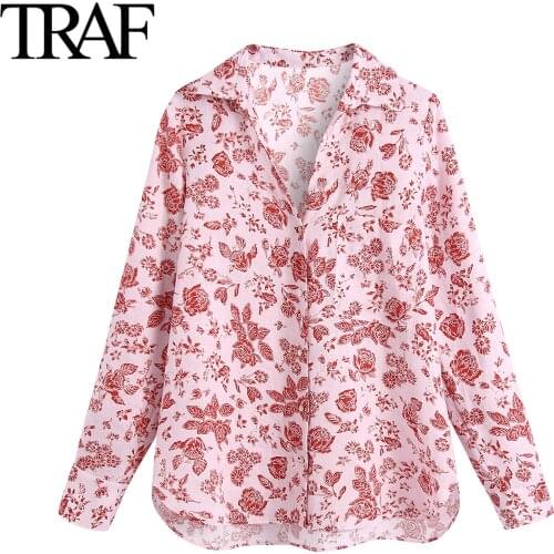 Traf Women Clothing 2021 Spring Autumn Long Sleeve Blouses Chic Ladies Floral Print Loose Shirts French Fashion Tops Femme