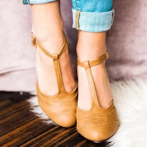 BLXQPYT PU Solid Sandals Women square buckle strap High Heel Cover Heel Round Toe Wedding Daily Party shoes woman 7165