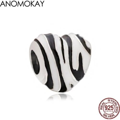 Anomokay Classic Black & White Enamel Zebra Stripe 925 Silver Charm Beads for DIY Bracelet Bangle Making