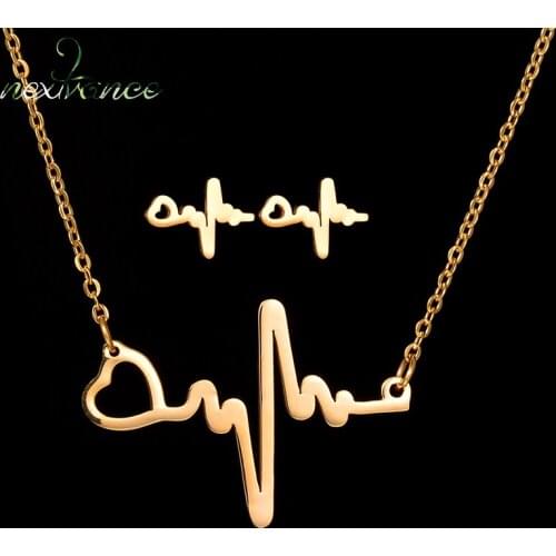 Nextvance Heartbeat Wave Ecg Pendant Necklace Earring Set Stainless Steel Heart Jewelry Set For Nurse/Doctor Collier Femme