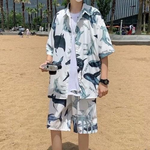 Short Sleeve Shorts Suit Mens 5-point Sleeve Casual Shirts Summer Outerwear Personality Trendy Printed Streetwear Hiphop Set