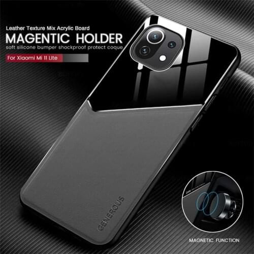 Leather texture plexiglass car magnetic holder phone covers case for xiomi mi11 xiaomi mi 11 lite 11lite light shockproof ocque