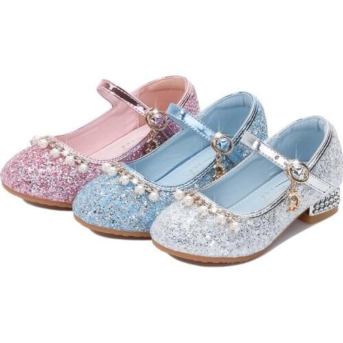 Girls' Leather Shoes 2021 New High-heeled Princess Fashion Sequined Sandals Buckle Performance Shoes Pearl Sweet for Wedding Hot